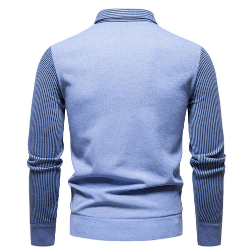 Men's Long Sleeve Two-Piece Woolen Cardigan Fashion Fleece Striped Shirt Knit Crew Neck
