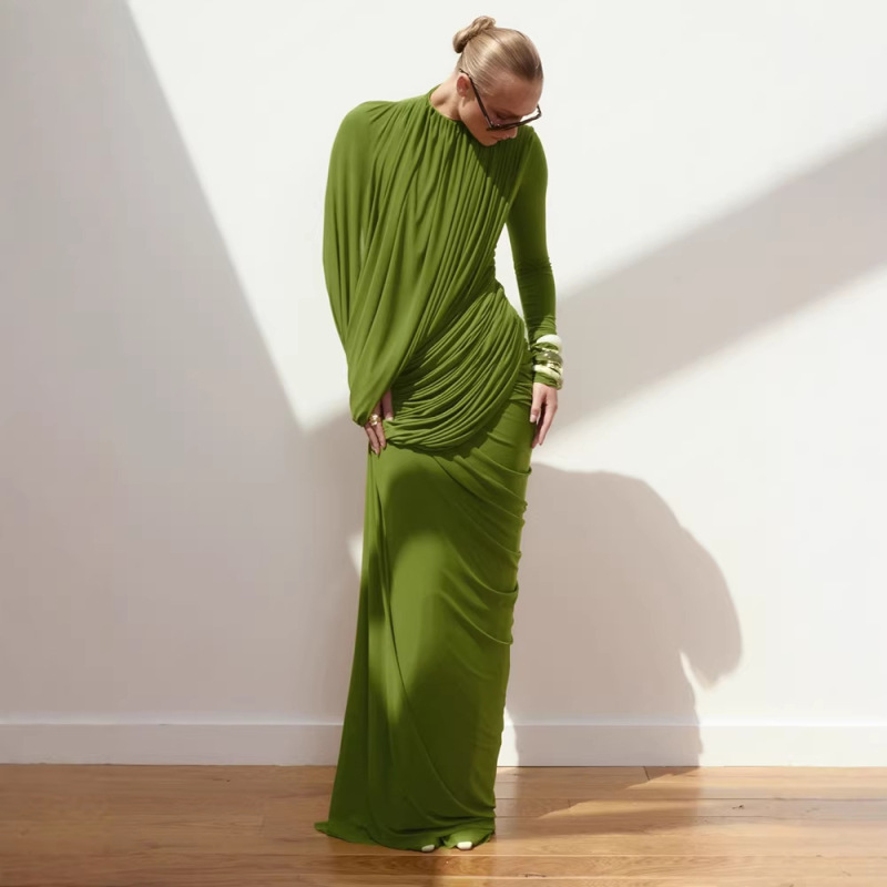 In stock | European and American Cross-Border Women's Fashion New Elegant Solid Color Long-Sleeve High-Waisted Slimming Long Mustard Green Bodycon Dress for Evening Events