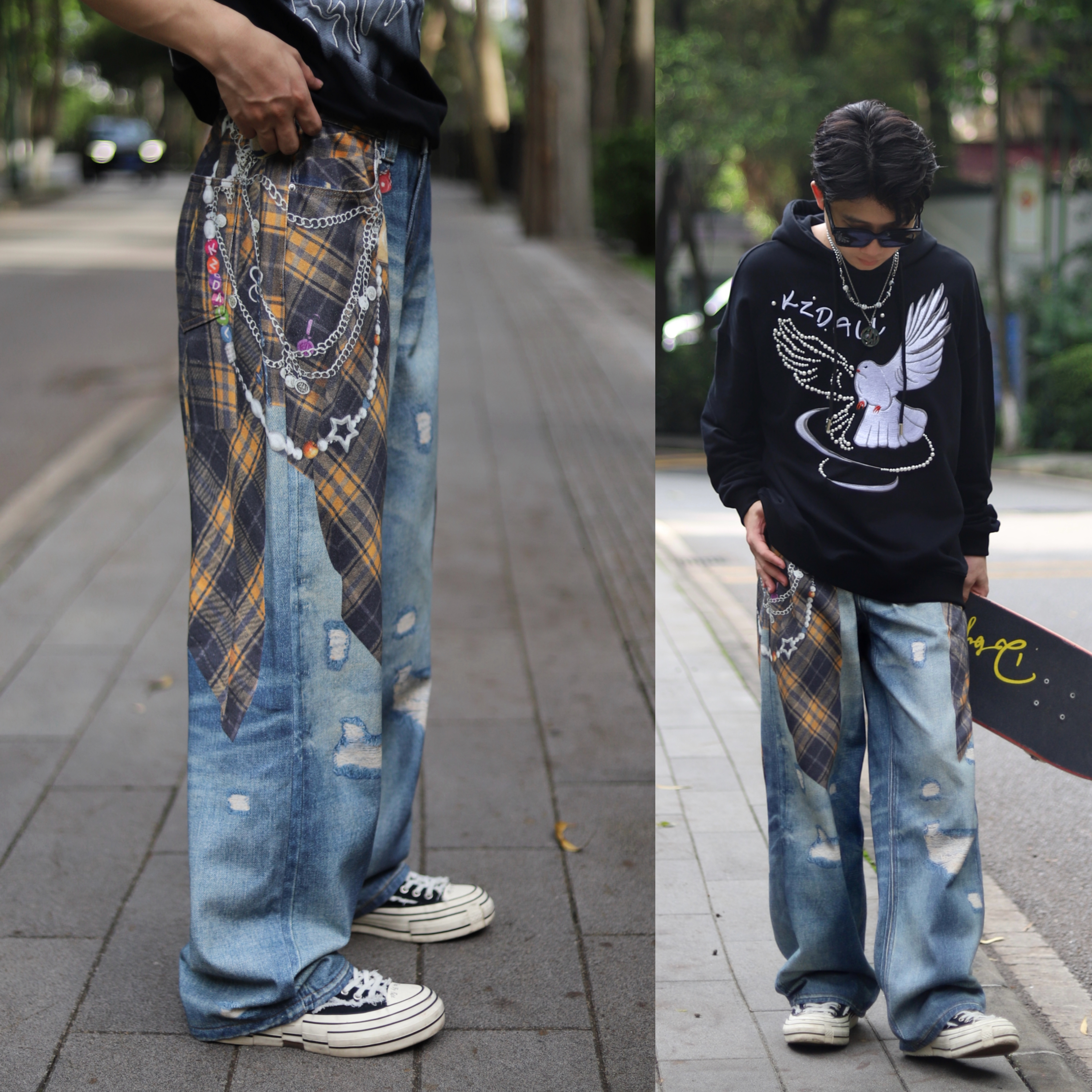 Herrenbekleidung Retro Patchwork 3D Design Karohemd Bedruckte Jeans Amerikanischer Trend Freizeithose mit geradem Bein Lockere Passform Für Männer und Frauen_voghion.com