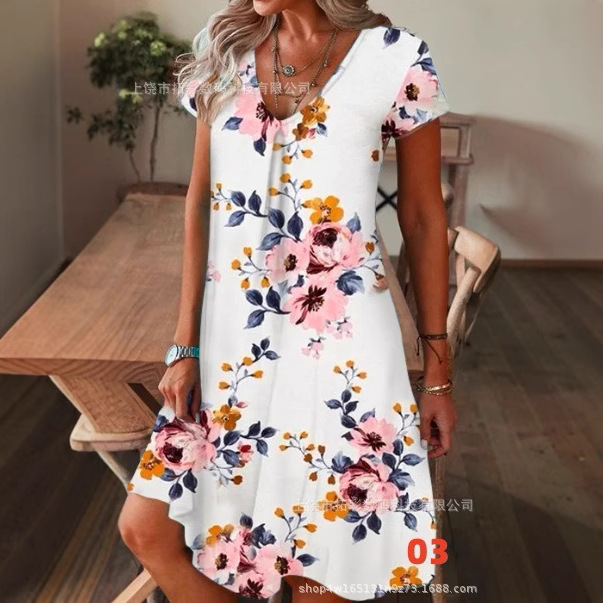 Spring and Summer New Cross-Border Amazon Independent Station Women's Loose and Fashionable V Neck 3D Printed Short-Sleeved Dress
