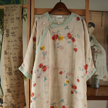 夏季新款  文艺复古苎麻印花单层圆领盘扣全侧开改良旗袍裙247039