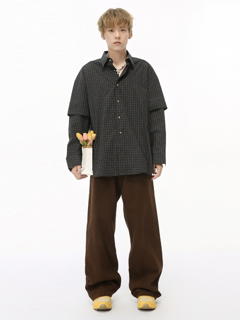 MTLCLOTHES Hombres| Clásico básico vibe simple cintura elástica marrón oscuro jeans lavable