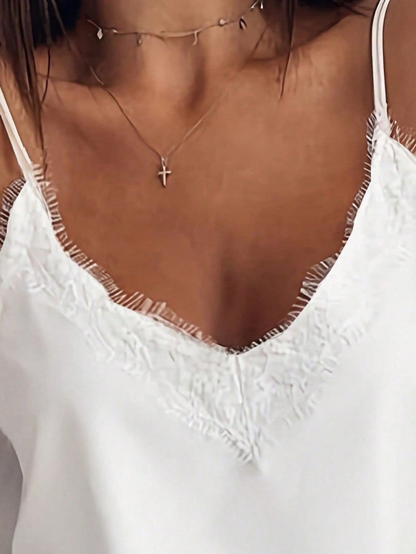 Lace Trim Camisole Top For Women - V-Neck Slip Tank With Eyelet Lace Detail, Oversized Summer Layering Piece_ecoleips.com