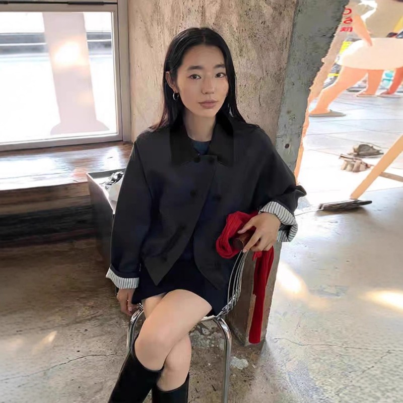 翻领撞色拼接双排扣风衣外套女2025秋装新款休闲宽松时尚夹克上衣|undefined