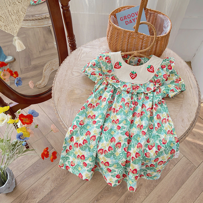 Strawberry Embroidered Ruffled Girls' Dress 2026 Summer New Style Fruit Print Kidsren's Short-Sleeved Doll Dress