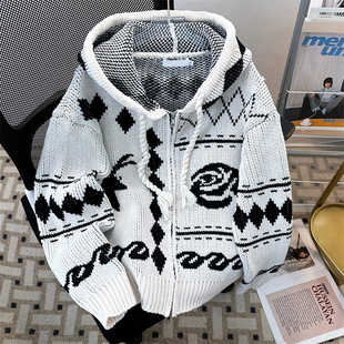 Free Shipping Rhombus Hooded Sweater Cardigan Men's Autumn and Winter Korean Style Atmosphere Wear cleanfit Lazy Knitted Sweater