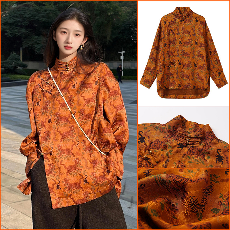 2026 Autumn New Chinese Style Stand Collar Diagonal Placket Buttoned Rayon Blouse National Style Retro Long Sleeve Shirt N6031