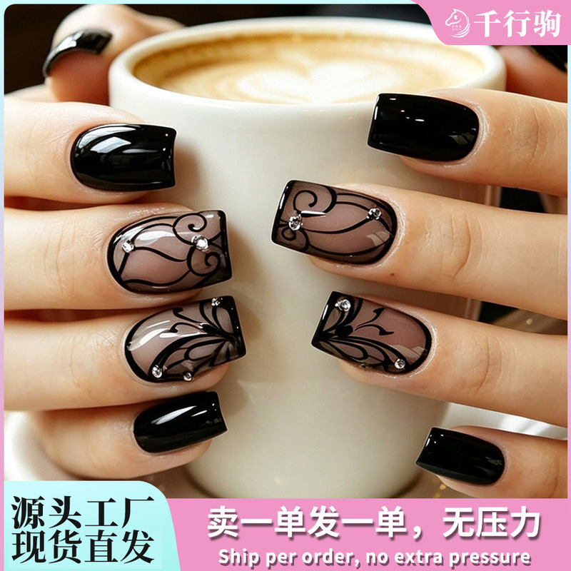 Dark ins style black Vine wear nail manicure hot selling fake nail patch nails