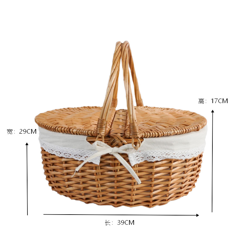 Cestas de tejido de sauce con cubierta, cestas de almacenamiento de tejido de supermercado, cestas de compras, cestas de frutas, manijas de cestas de picnic al aire libre