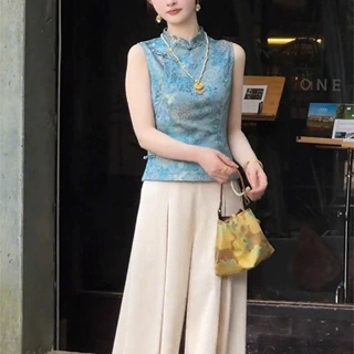 夏设计感小众蓝色百搭提花上衣女新中式国风女装2025新款高级衬衫