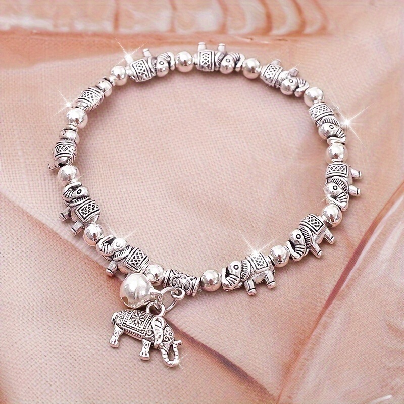 Vintage Bohemian Ancient Silver Elephant Beaded Bracelet Ethnic Style Auspicious Pendant Animal Bleed Rope Bracelet
