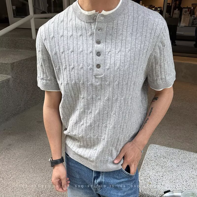 Camiseta de punto de manga corta camiseta hombre estriado textural agujero viejo viento de hielo seda fábrica transfronteriza al por mayor