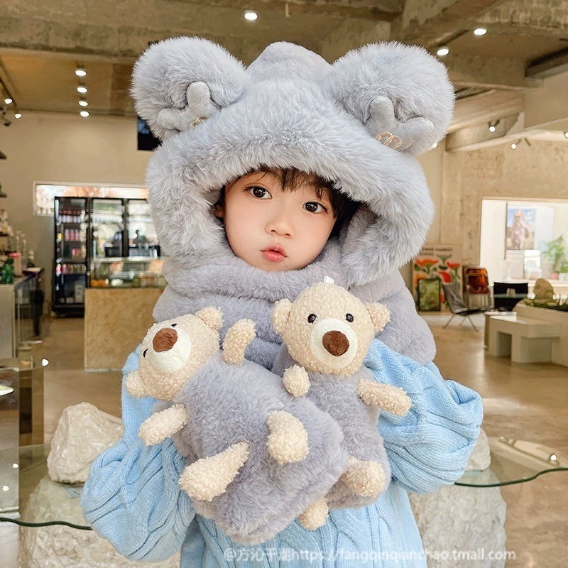 帽子の女性の秋冬の熊の耳のマフラーの手袋の一体の3つのセットのマフラーのぬいぐるみのかわいい自転車の保温帽子|undefined