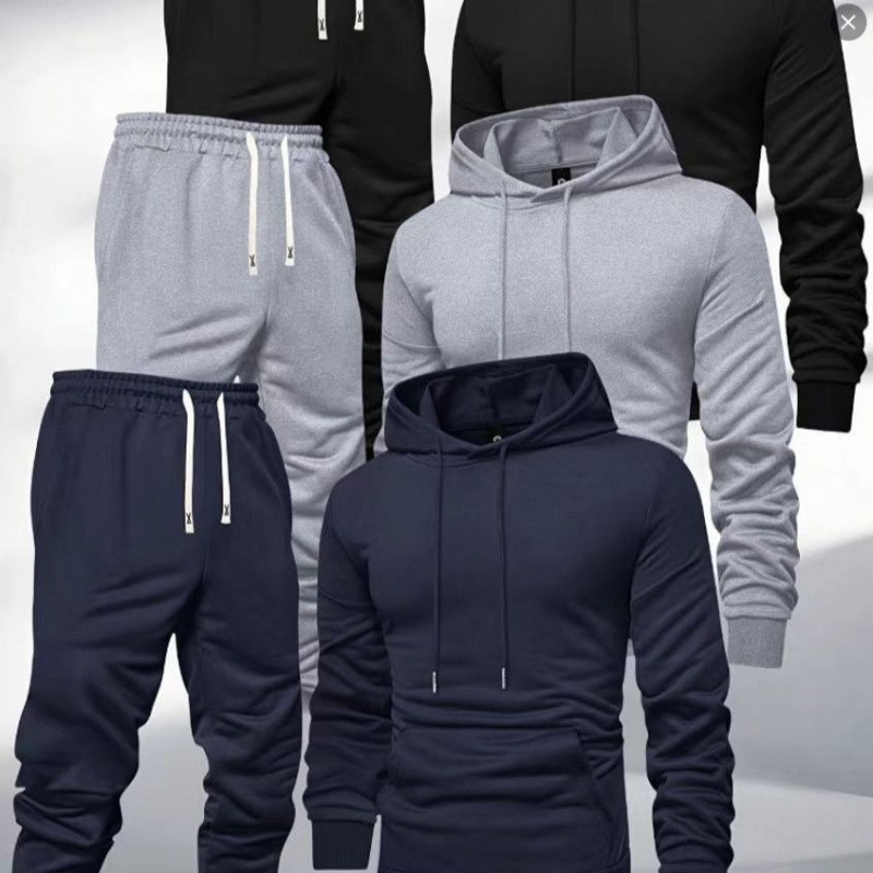 Cross-Border Men's Hoodie Set, Autumn and Winter Best-Selling Plain Versatile Pullover Sweatshirt and Sweatpants Casual Sports Set