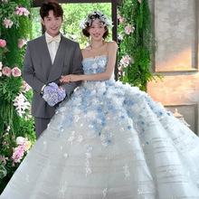 影楼新款韩式拍照主题服装抹胸婚纱礼服摄影主题旅拍蓝色轻婚纱裙