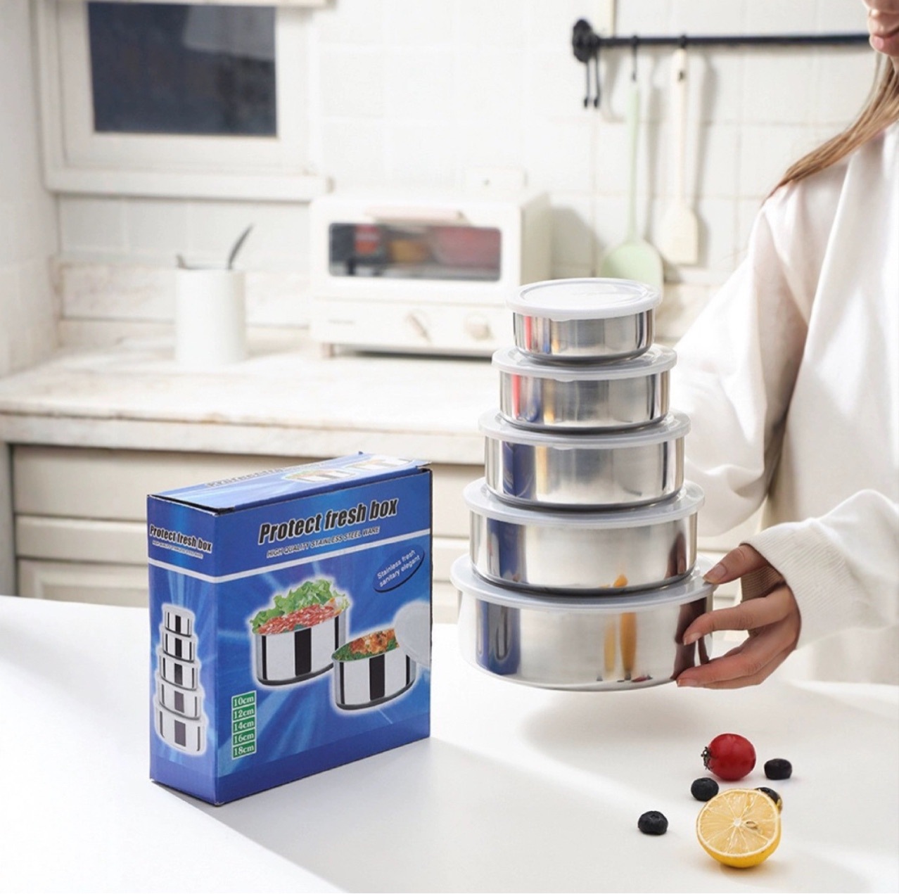 Caja de conservación de productos frescos de acero inoxidable transfronteriza de cinco piezas con tapa, refrigerador de cocina, almacenamiento fresco, caja redonda de color de comercio exterior