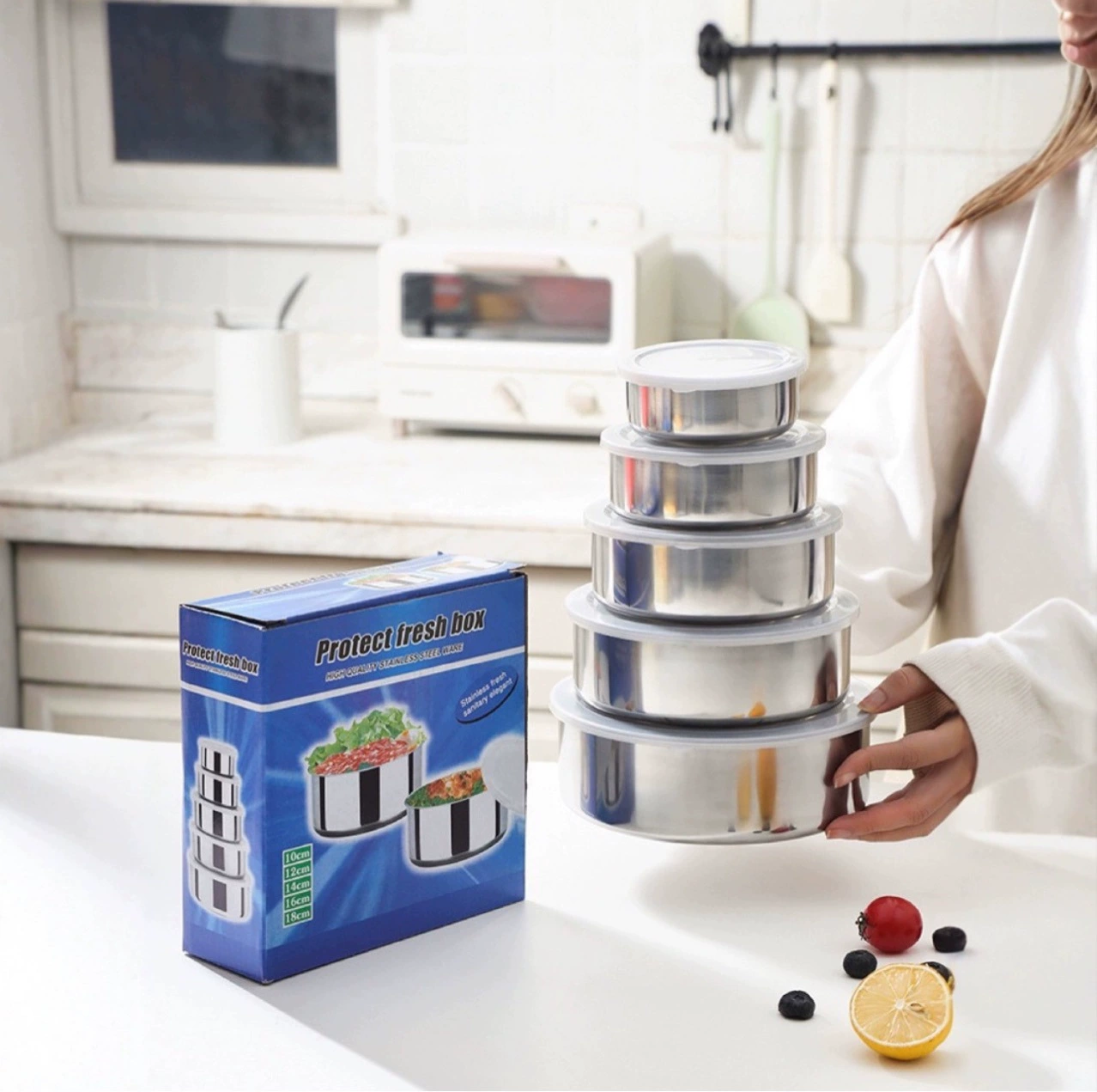 Специально разработан для трансграничного контейнера из нержавеющей стали с крышкой, пятикомпонентного кухонного холодильника, круглой цветной коробки для хранения продуктов питания для внешней торговли