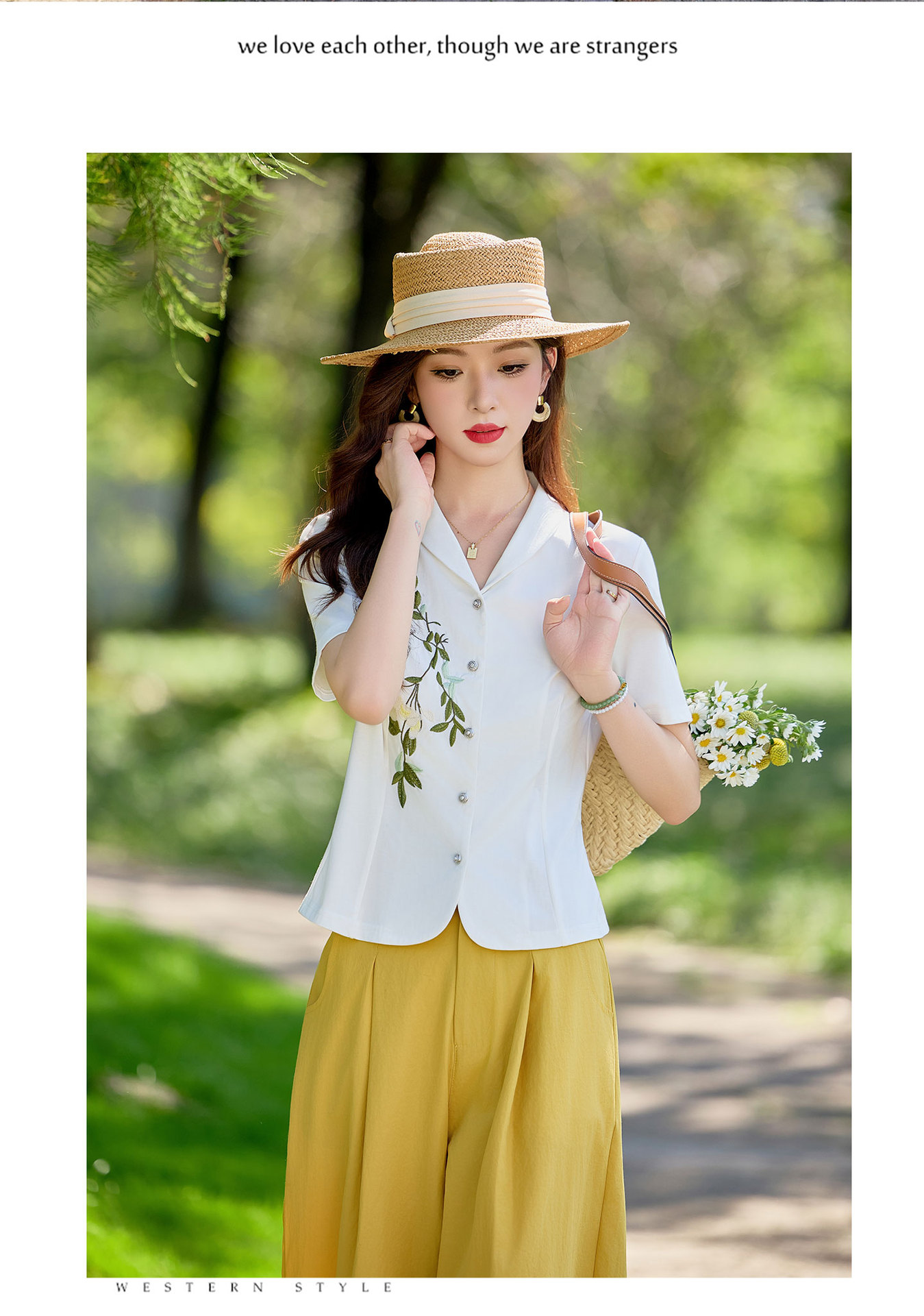 Bộ hai mảnh áo sơ mi thêu hoa kết hợp chân váy cạp cao tay bồng — Màu ảnh chi tiết 10
