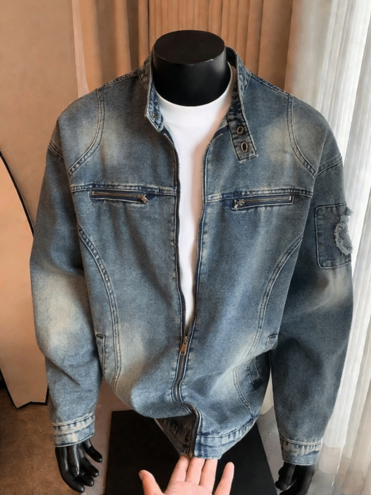 Men's Denim Jacket Washed Motorcycle Style Loose Casual Zipper_voghion.com