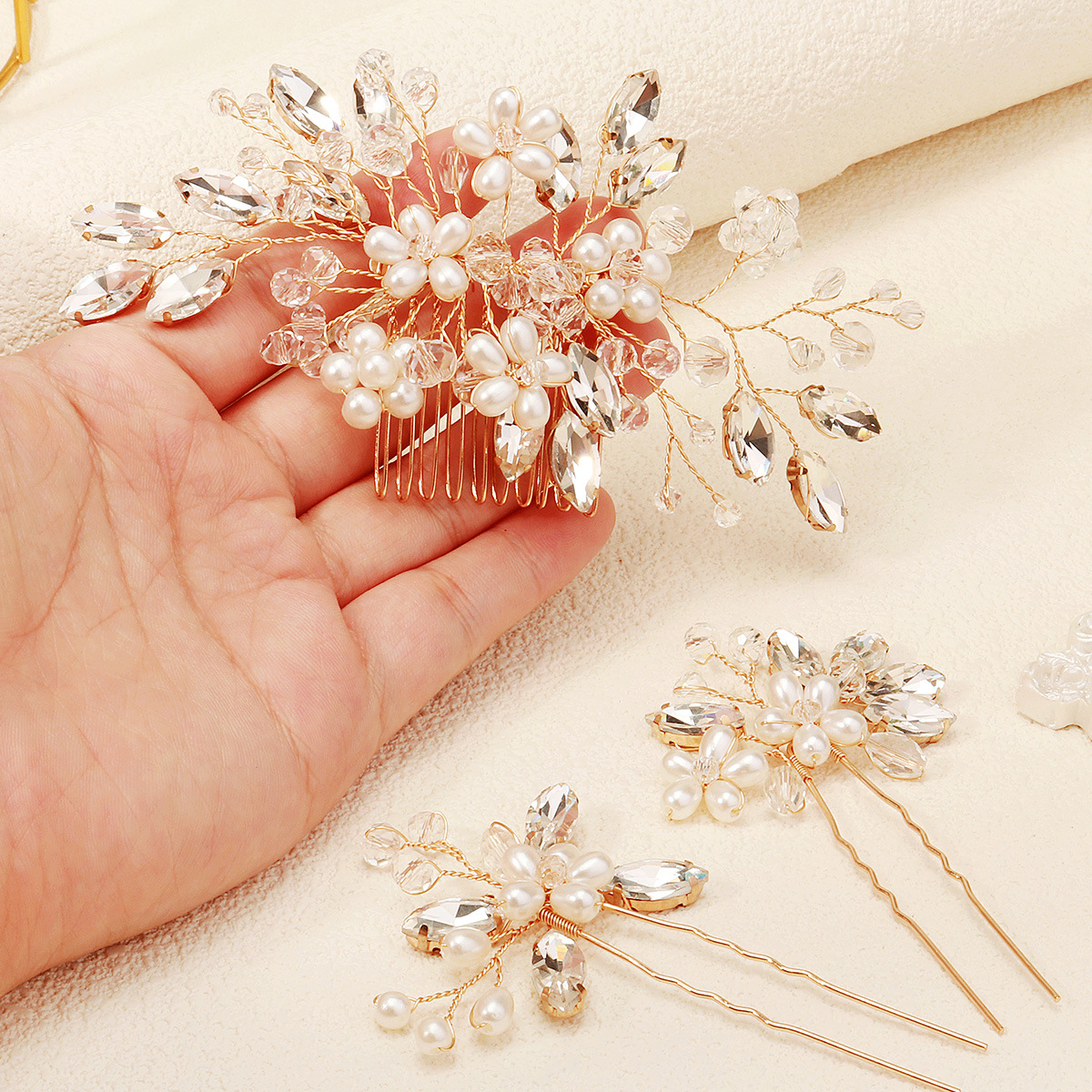 Europa y América nupcial accesorios de la boda perla Mori flor hecha a mano peine traje todo partido updo rhinestone horquilla
