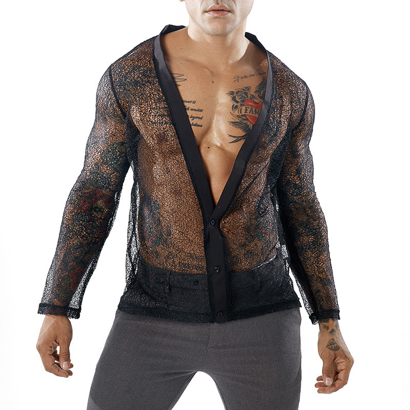 European Station V-neck Sexy Men's Shirt Men's Shirt Black Transparent Mesh Cardigan Long Sleeve Polo Shirt Men