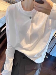 纯棉正肩白色长袖t恤女2025春秋季宽松百搭慵懒打底衫大码上衣女