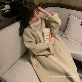 民国风毛呢中长款外套女秋冬新款小个子拼接毛毛保暖气质呢子大衣