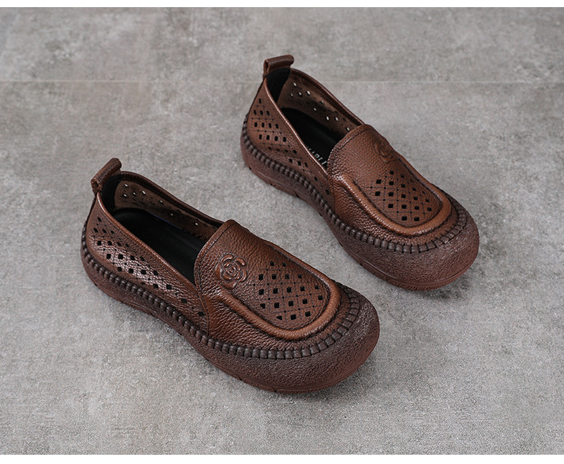 Dép sandal nữ xỏ ngón đế bệt da bò lỗ thoáng khí — Màu nâu chi tiết 13