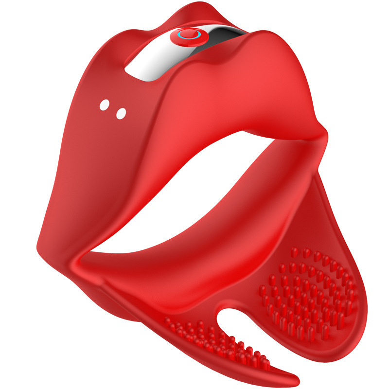 Red Lip Vibrating Lock Ring Silicone Cock Ring with Prostate and Testicle Vibration — detail image 12