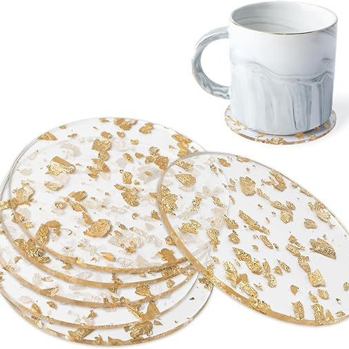 跨境透明金箔亚克力杯垫透明有机玻璃圆形杯垫适用于家庭装饰