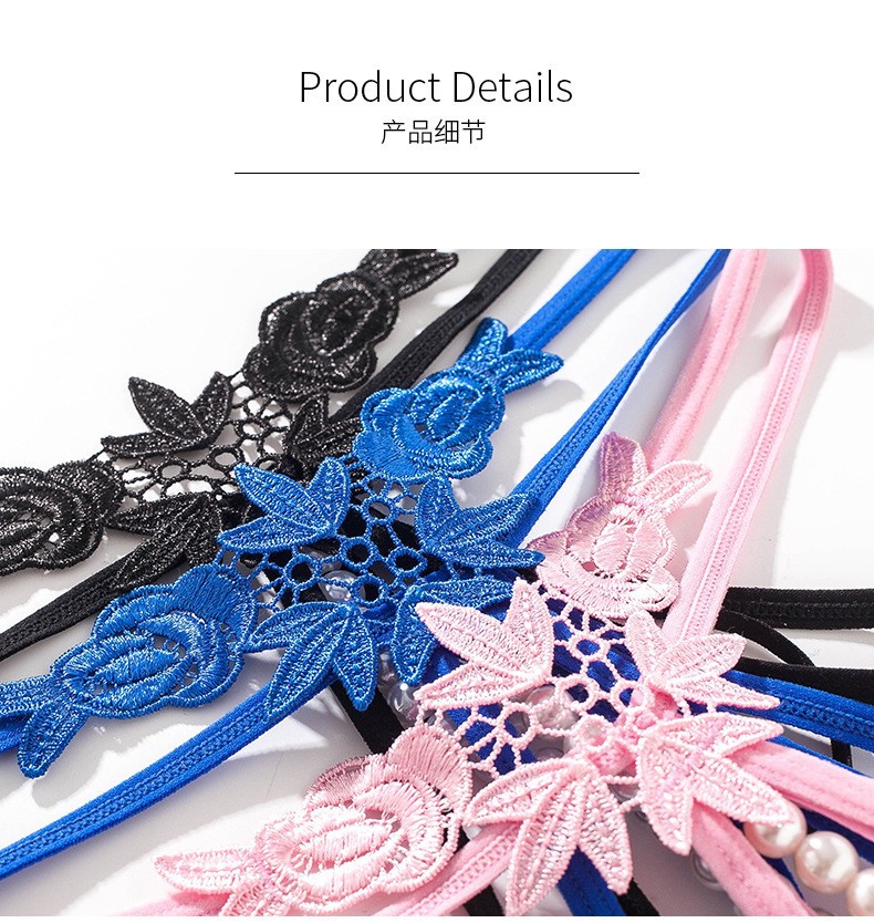 Women’s Hollow Embroidered Thong with Pearl Detail and Open Crotch, Blue, One Size — detail image 6