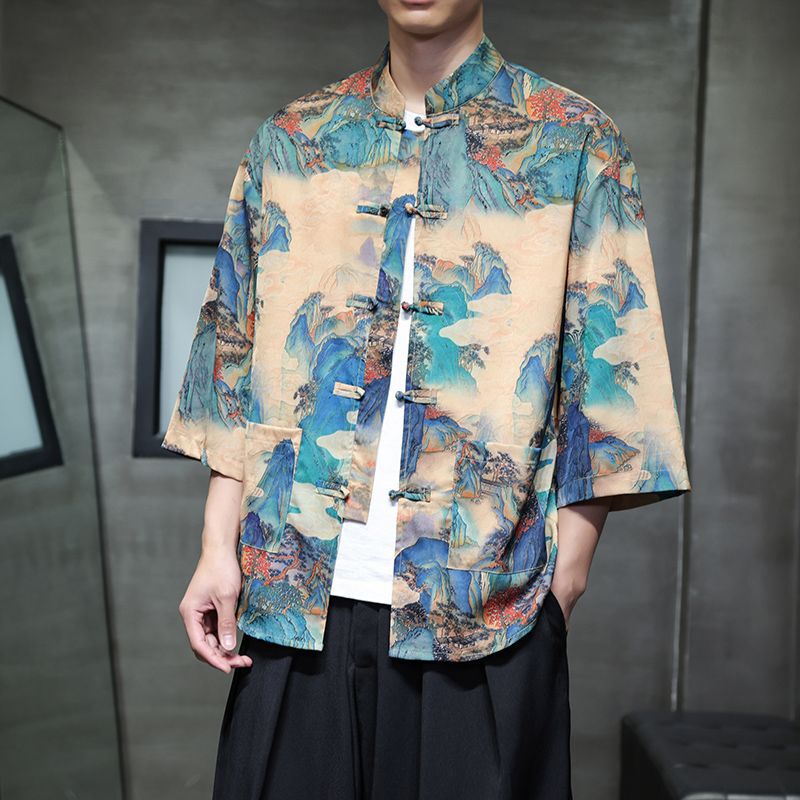 Chinese Style Ice Silk Three-Quarter Sleeve Shirt for Men, New Chinese Style Tang Suit with Buttoned Hanfu, Summer Large Size Printed Short-Sleeve Shirt Chinese Style Ice Silk Three-Quarter Sleeve Shirt for Men, New Chinese Style Tang Suit with Buttoned Hanfu, Summer Large Size Printed Short-Sleeve Shirt