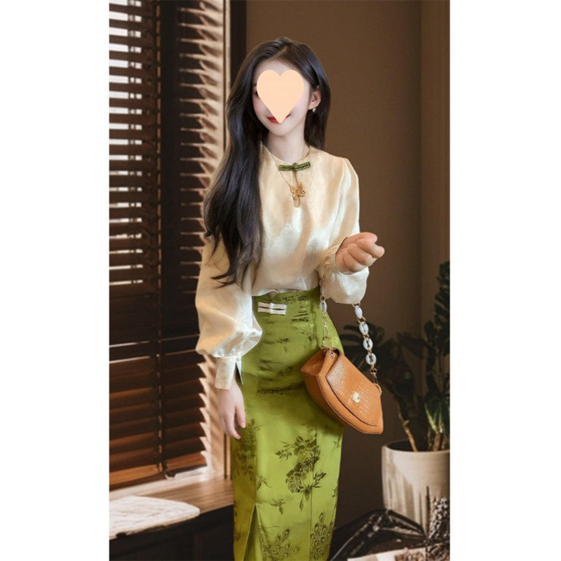 新中式气质国风两件套女装2025春秋新款时尚衬衫提花半裙禅意套装|undefined