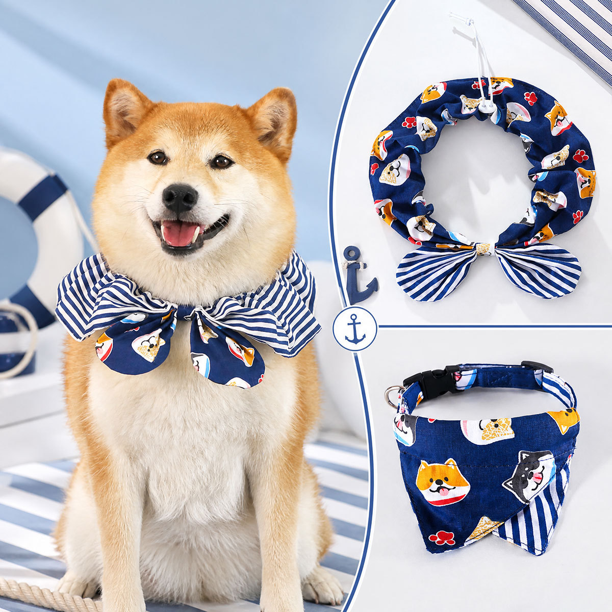 Perro mascota Shiba Inu Meika Golden Retriever perro mediano y grande a rayas estilo azul marino bowknot bufanda triangular cubierta para la cabeza image 1