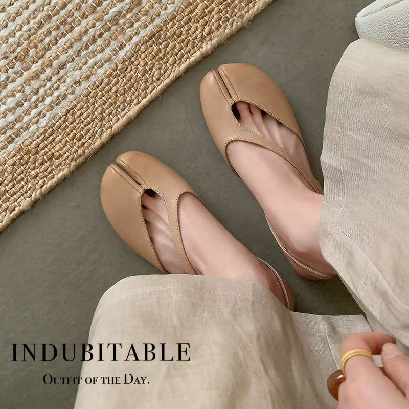 Sandal nữ da trâu chia ngón chân mũi trùm đế bệt — Đỏ (cao 1cm) chi tiết 7