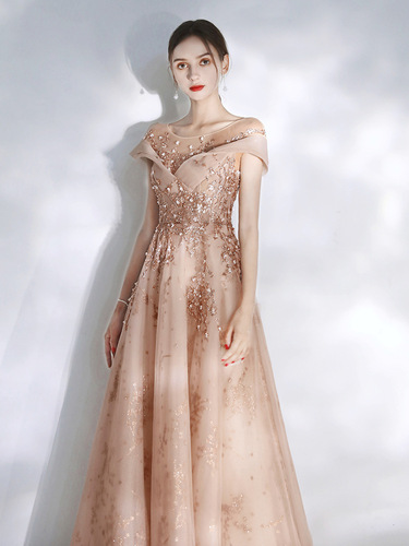 Champagne sequins evening dresses for women girls engagement toast aristocratic dress female fantasy conference host bridesmaid Champagne sequins evening dresses for women girls engagement toast aristocratic dress female fantasy conference host bridesmaid