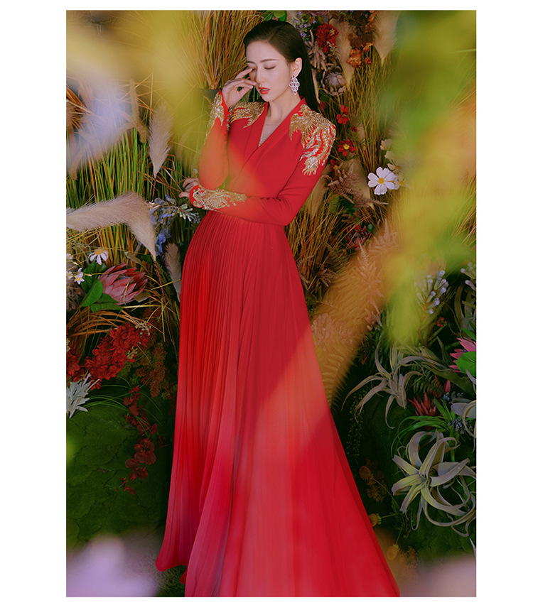 Long Elegant Red Wedding Dress For Brides Engagement Reunion Banquet Evening Gown Women's Party Wear_ecoleips.com