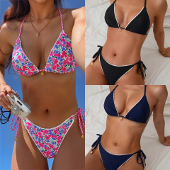 2025欧美跨境新款小花边系带泳衣bikini高级比基尼泳衣套装女