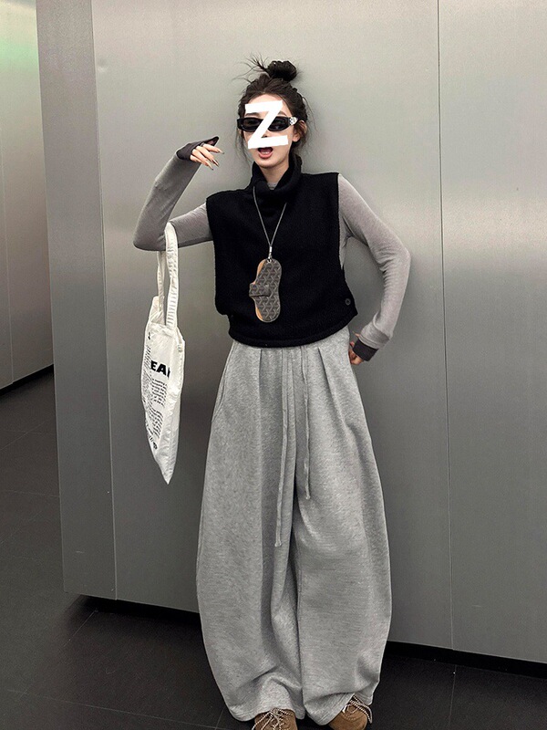 Autumn Korean Style Super Stylish Outfit Ootd Set for Women Early Autumn Gray Top Layered with Vest Two-Piece Suit Pants