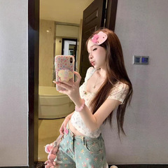 绝美碎花u领蕾丝花边短袖t恤女夏季短款纯欲修身显瘦正肩辣妹上衣