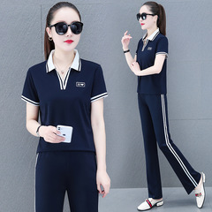 休閒運動套裝女夏季翻領短袖t恤2022年新款韓版顯瘦闊腿褲兩件套