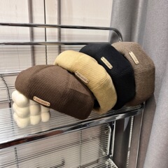 新款韓版毛呢貝雷帽復古洋氣皮標粗紋質感秋冬女款南瓜帽