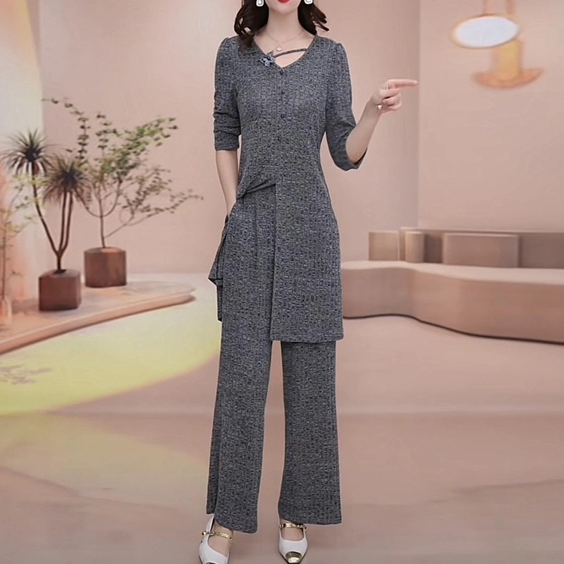 跨境时尚休闲套装春秋季女装气质遮肚显瘦中长款上衣阔腿裤两件套