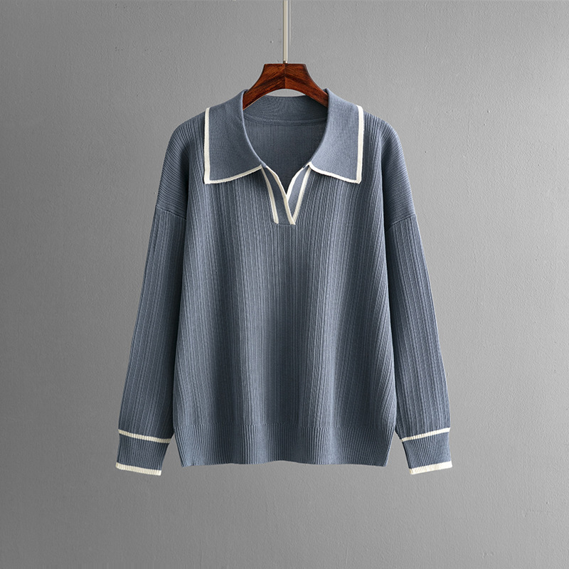 Autumn Winter Polo Collar Contrast Color Casual Set High Waist Slimming Knitted Two Piece Set