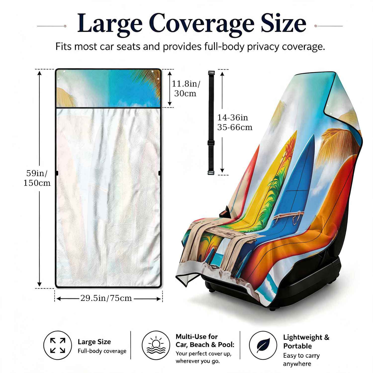 Printed bath towel and car seat cover 2-in-1, ultra-fine fiber outdoor beach and car dual-use universal seat cushion