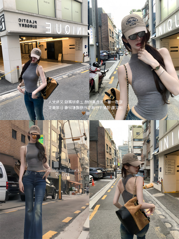 白水籹 高智姐感穿搭 半高领T恤女夏韩系设计感修身显瘦无袖上衣|undefined