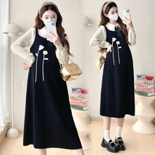孕妇装春装潮妈新款连衣裙时尚洋气减龄假两件裙子秋冬季中长款潮