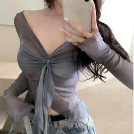 跨境批发美式独特绝美上衣女夏日辣妹性感网纱长袖t恤内搭打底衫