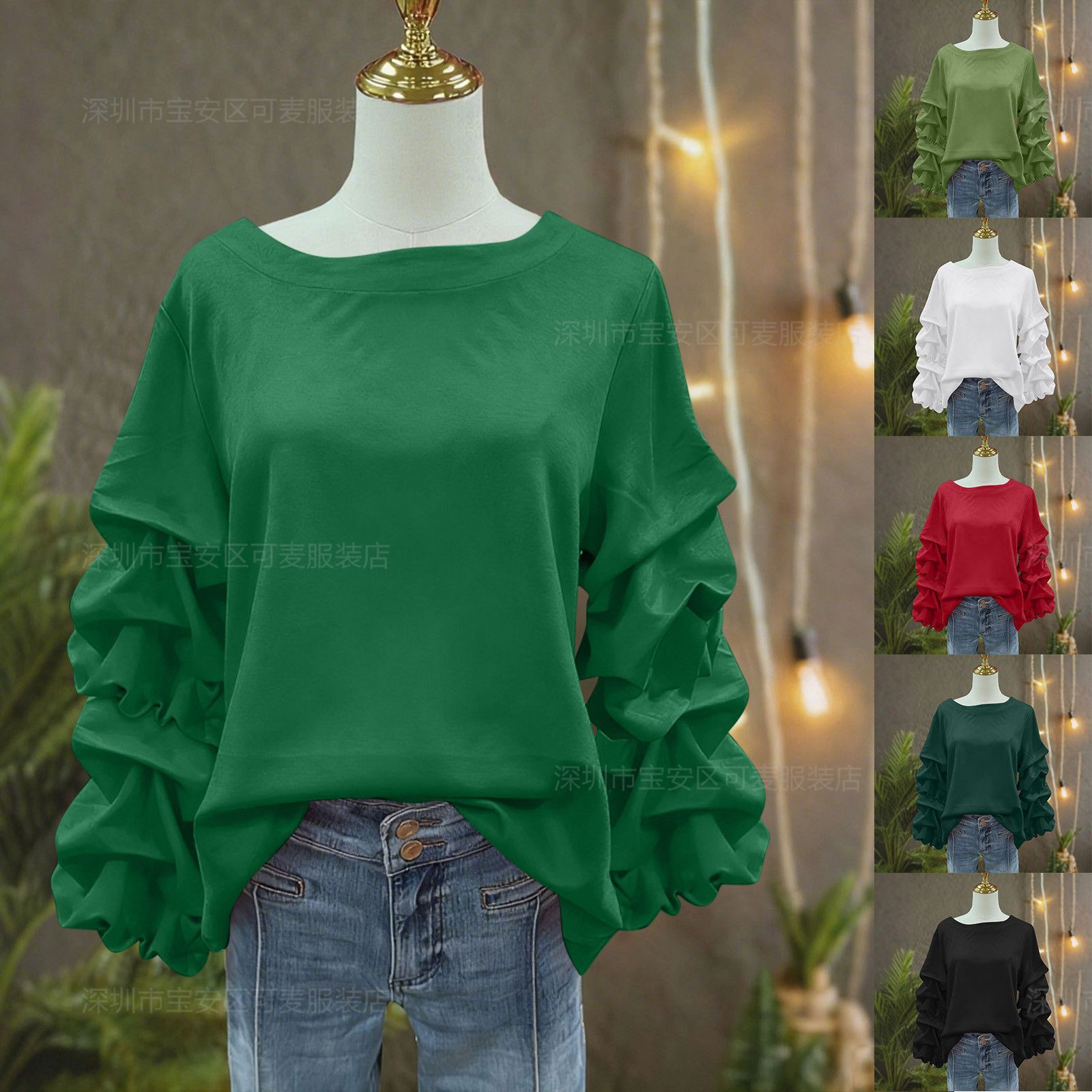 European and American Foreign Trade Cross-Border Autum New Pure Color Round Neck Sweatshirt Long-Sleeved Pleated Fashion Niche Design Tops for Women