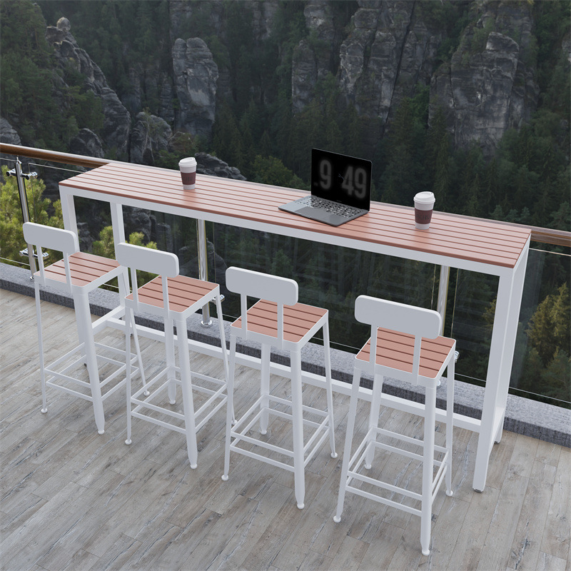 Outdoor Open-Air Courtyard Long High-Legged Tables and Chairs Anti-Corrosion Plastic Wood Window Balcony Waterproof Sun Protection Bar Table and Chair Combination